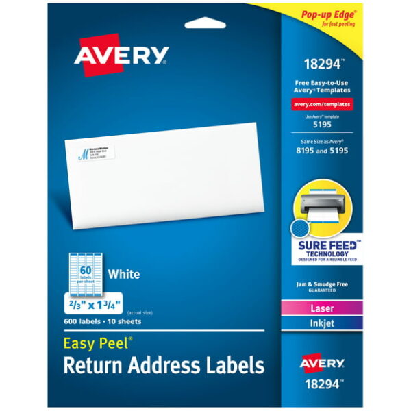 (18294)Avery Return Address Labels, White, 2/3" x 1-3/4", Easy Peel, Laser, Inkjet, 600 Labels