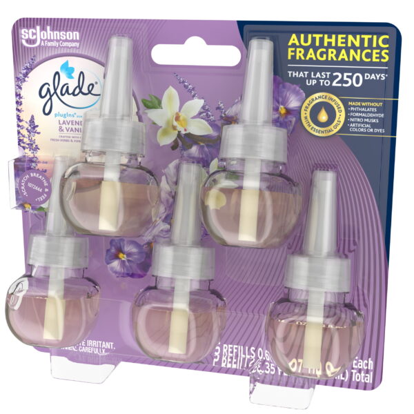 Glade PlugIns Refill 5 CT, Lavender & Vanilla, 3.35 FL. OZ. Total, Scented Oil Air Freshener Infused with Essential Oils - Image 3