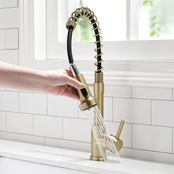 Brushed Gold Pull Down Kitchen Sink Faucet Brushed Gold Swivel Spout - Image 3