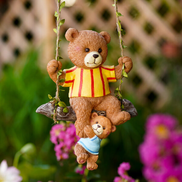 Cute Mother And Child Bear Sitting On Swing Hang Ornaments Resin Statue Landscaping Animal Sculpture - Image 4