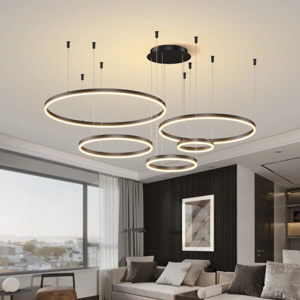 Modern LED Ceiling Chandelier Brushed Round Rings Lustre Lamp room decor - Image 2