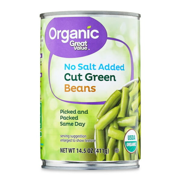 Great Value Organic No Salt Added Cut Green Beans, 14.5 oz Can