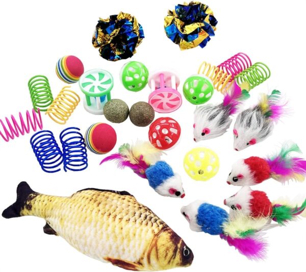 Cat Toys 27 Packs Combo Set, Cat Catnip Fish and Ball Toy, Cat Bell Balls Crinkle Balls, Cat Spring Toys, Plush Mices Attract Cats to Swat, Bite, Hunt, Interactive Toys - Image 6