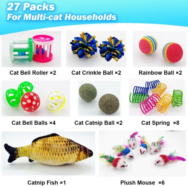 Cat Toys 27 Packs Combo Set, Cat Catnip Fish and Ball Toy, Cat Bell Balls Crinkle Balls, Cat Spring Toys, Plush Mices Attract Cats to Swat, Bite, Hunt, Interactive Toys